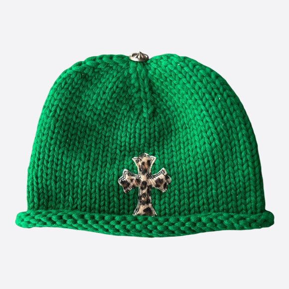BRAND NEW CHROME HEARTS CHEETAH CROSS PATCH KNIT BEANIE  Chrome Hearts Green & Cheetah Cross Patch Cashmere Beanie